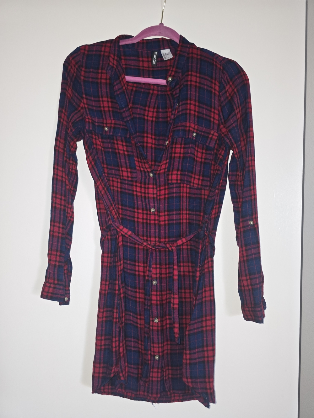H&M Red and Navy Plaid Long Sleeve Shirt Dress